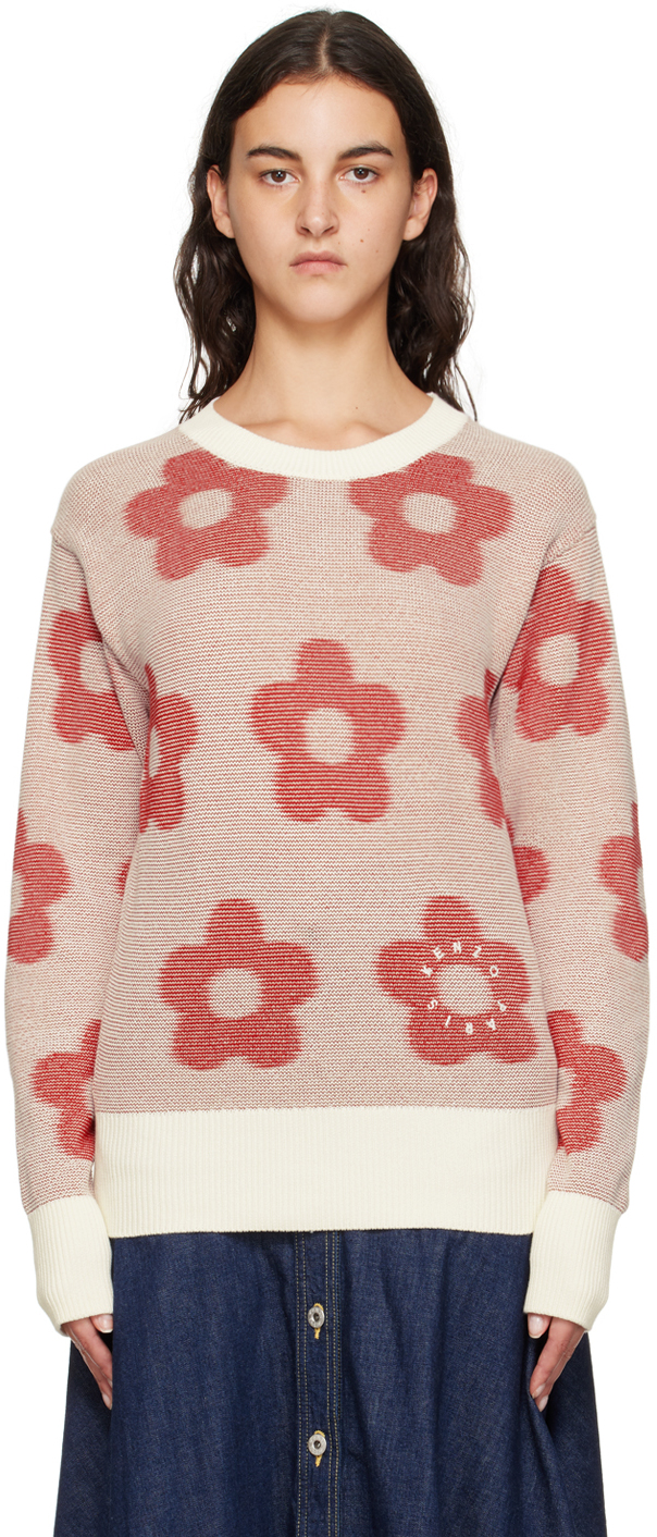 Shop Kenzo Red & White  Paris Flower Spot Sweater In Off White