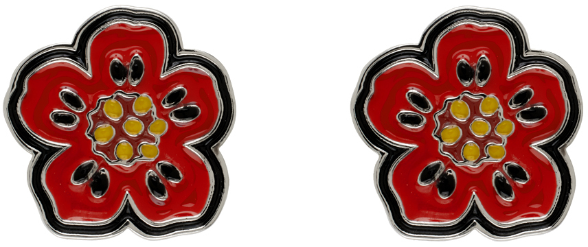 Kenzo Silver & Red  Paris Boke Flower Earrings In 21 - Medium Red