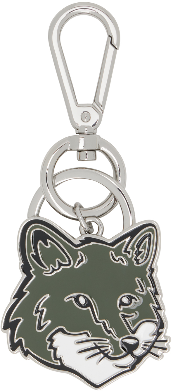 Silver & Khaki Bold Fox Head Keychain In Military Green