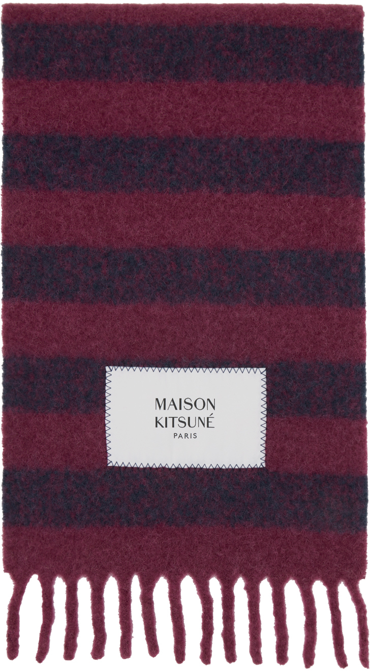 Shop Maison Kitsuné Burgundy & Navy Striped Scarf In Grape/ink Blue Rugby