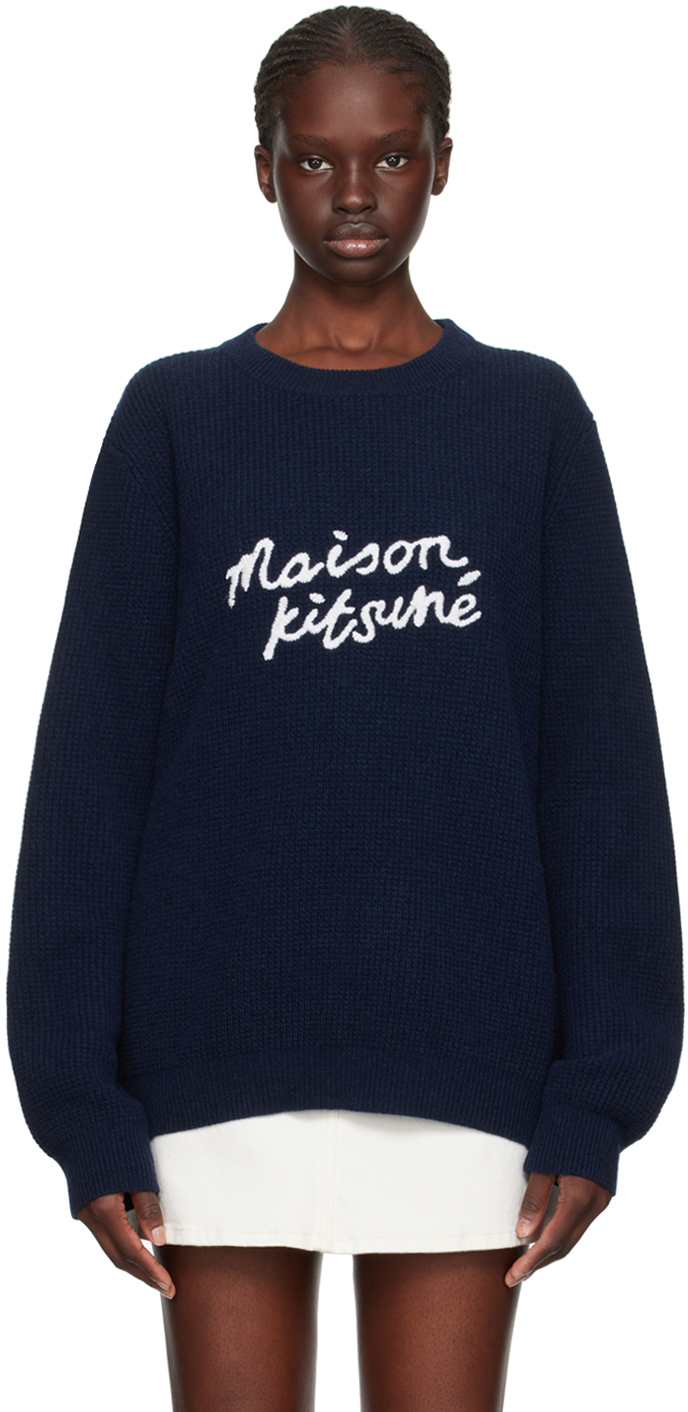 Maison Kitsuné Blue Handwriting Sweater In Ink Blue
