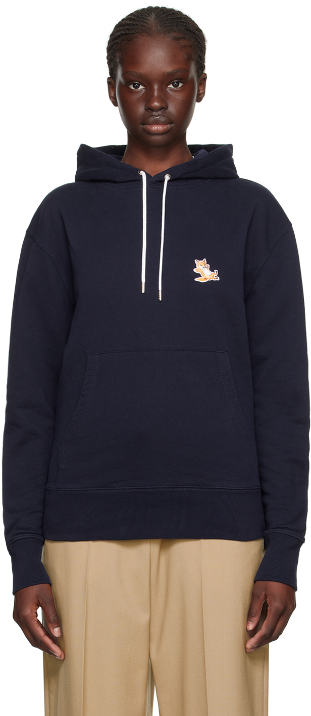 Navy Chillax Fox Patch Hoodie by Maison Kitsuné on Sale