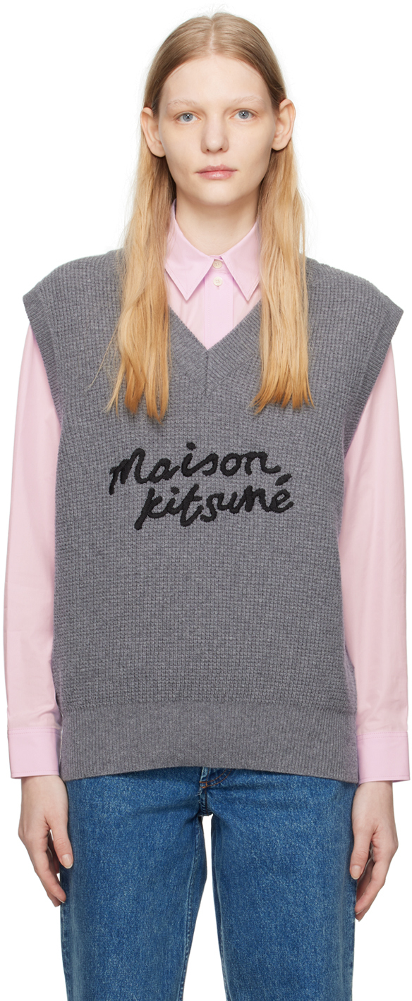 Maison Kitsuné Gray Handwriting Vest In Dark Grey Melange