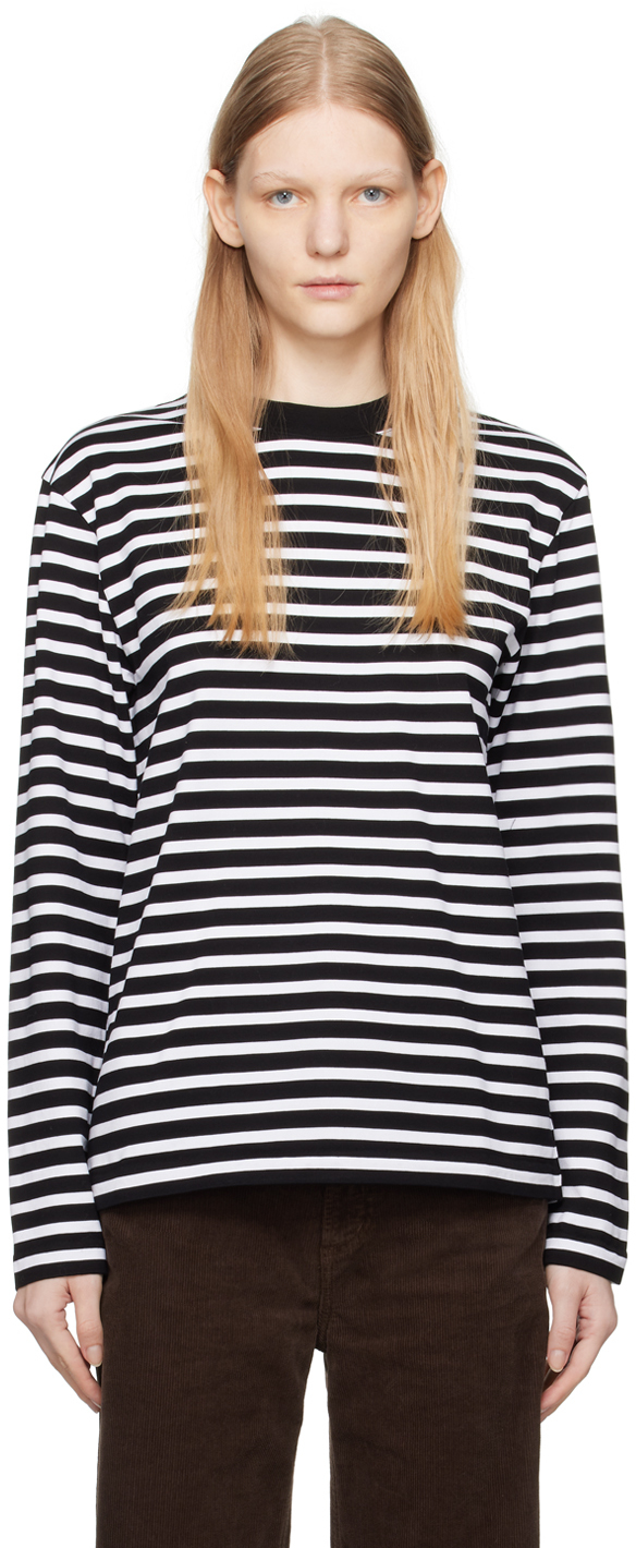 Maison Kitsuné Black & White Tricolor Fox Long Sleeve T-shirt In Black Stripes