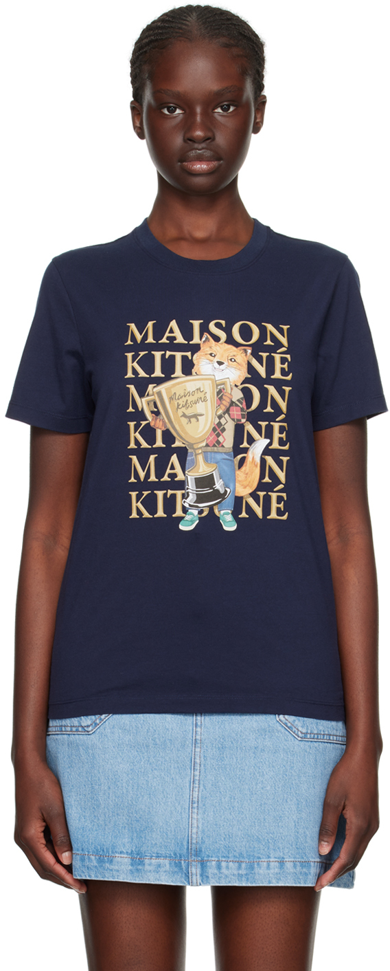 Shop Maison Kitsuné Navy Fox Champion T-shirt