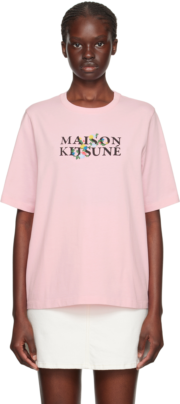 Shop Maison Kitsuné Pink Flowers T-shirt In Pale Pink