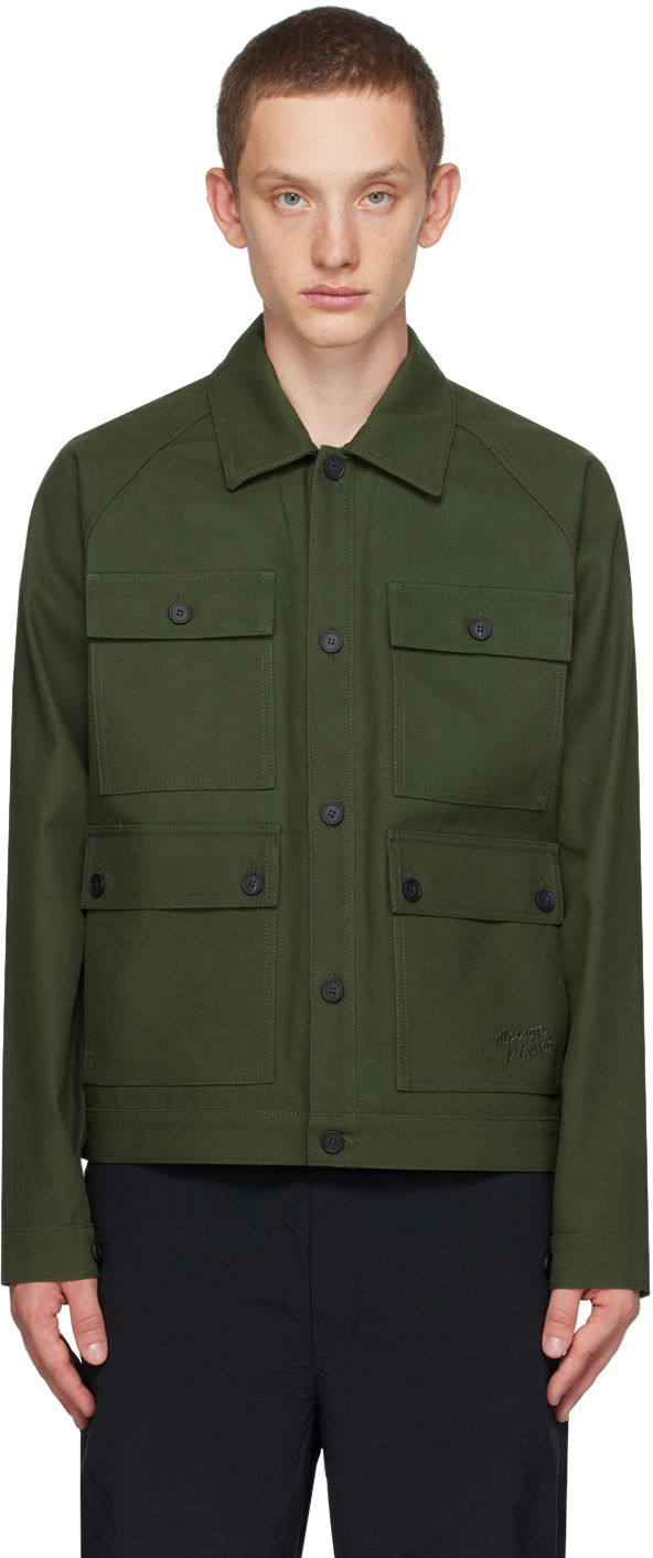 Shop Maison Kitsuné Khaki Flap Pocket Jacket In P384 Military Green