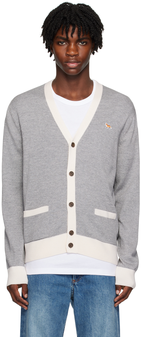 Gray Baby Fox Patch Cardigan by Maison Kitsuné on Sale