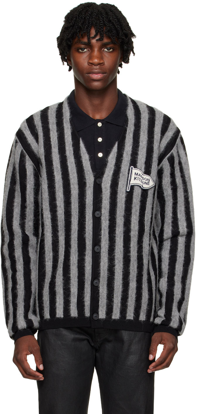 Shop Maison Kitsuné Black & Gray Striped Cardigan In S197 Black/stone Str