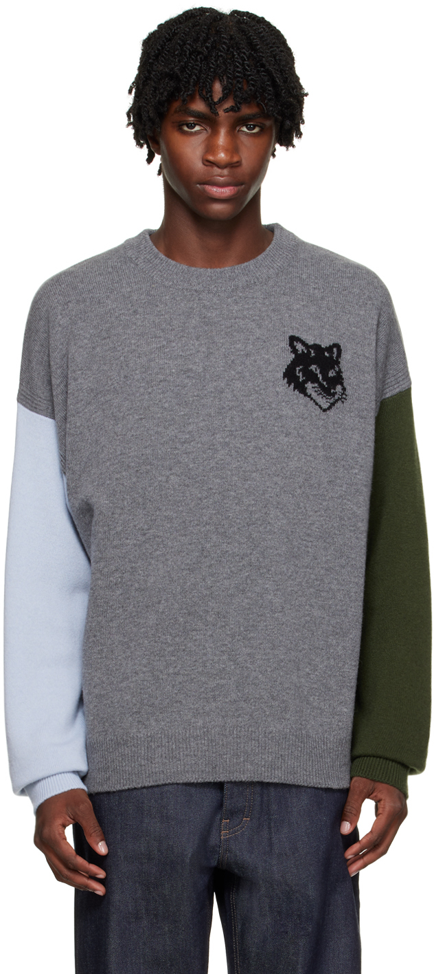 Shop Maison Kitsuné Grey & Black Fox Head Sweater In H152 Grey Melange/bl