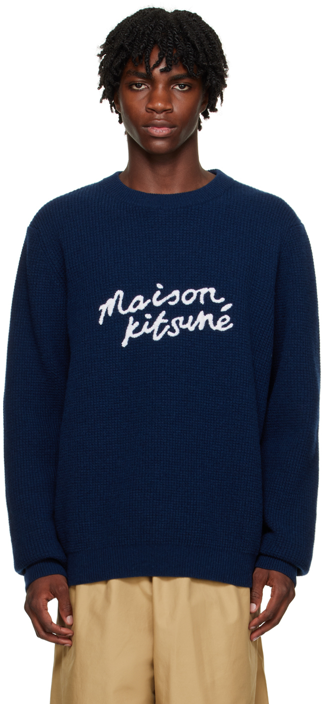 Shop Maison Kitsuné Blue Handwriting Sweater In P476 Ink Blue