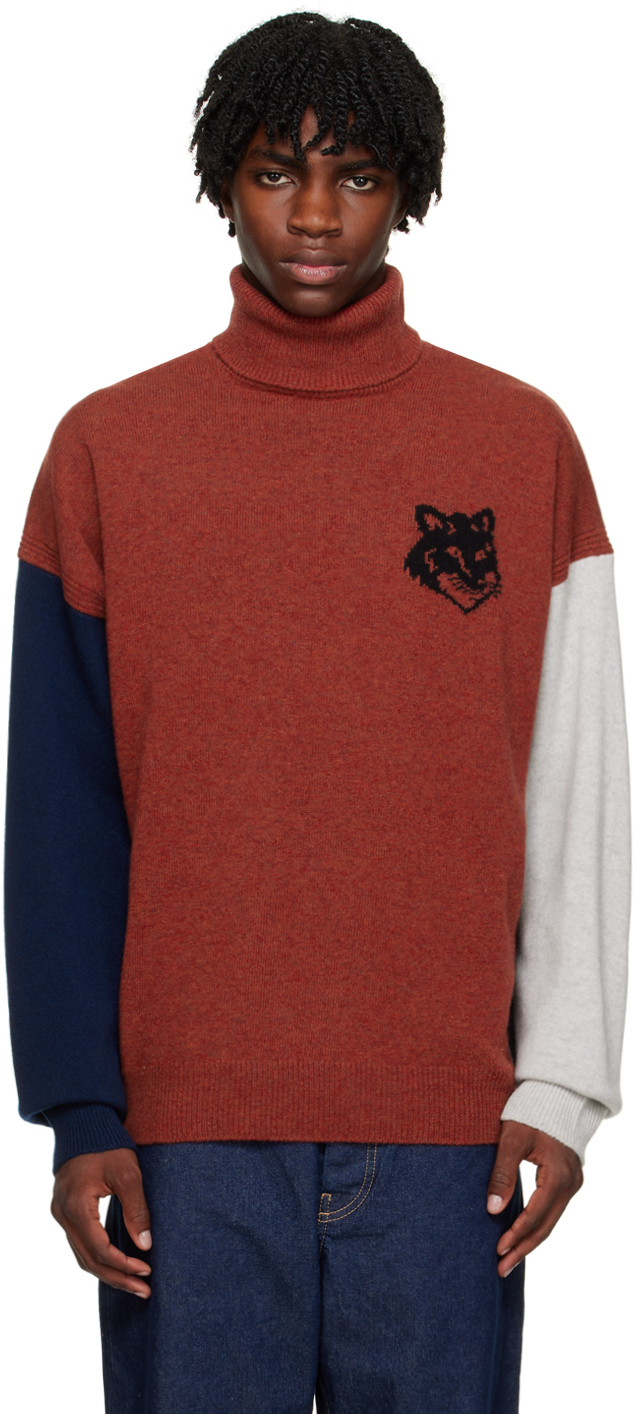 Maison Kitsuné Multicolor Fox Head Sweater In M670 Burnt Red/grey