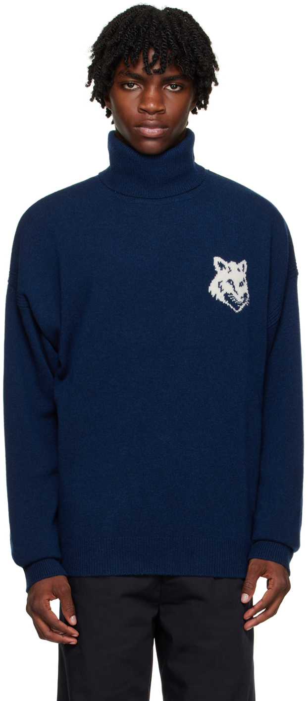 Shop Maison Kitsuné Blue Fox Head Sweater In P476 Ink Blue