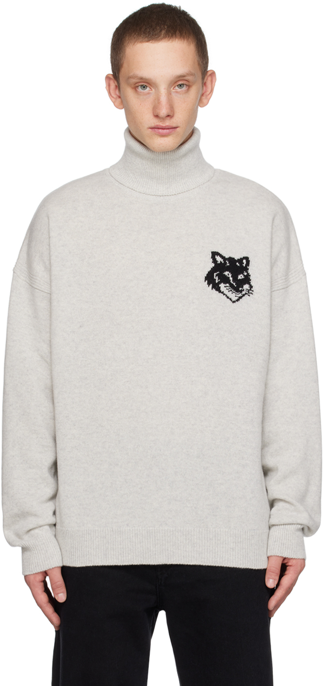 Maison Kitsuné Fox Head Intarsia Logo Turtleneck Sweater In H120 Light Grey Mela