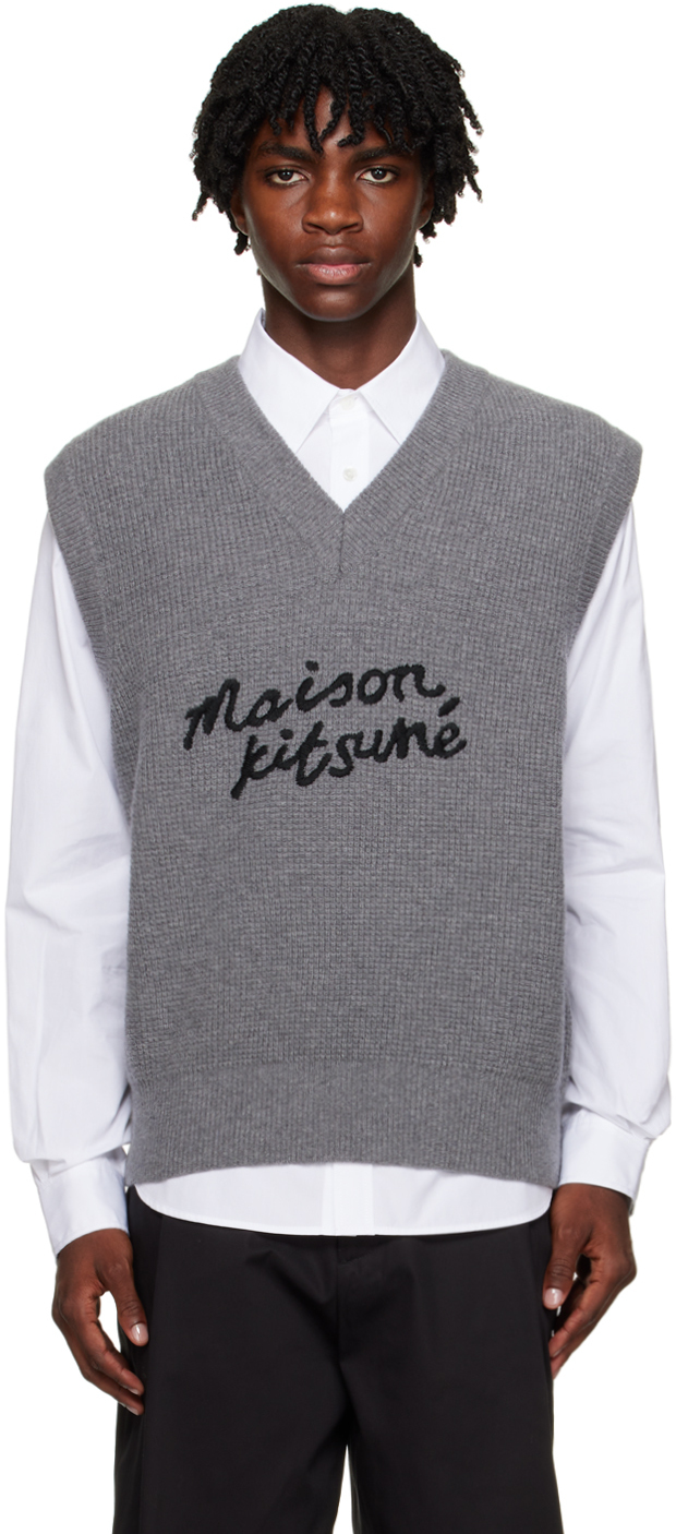 Shop Maison Kitsuné Gray Handwriting Vest In H170 Dark Grey Melan