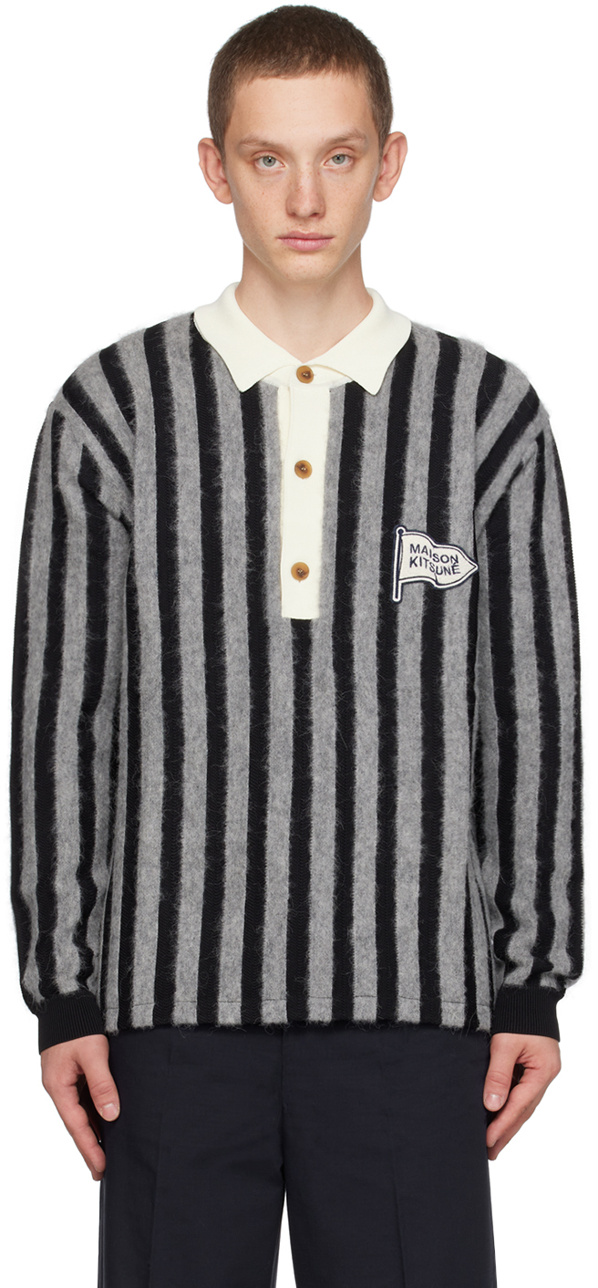 Black & Gray Striped Polo by Maison Kitsuné on Sale