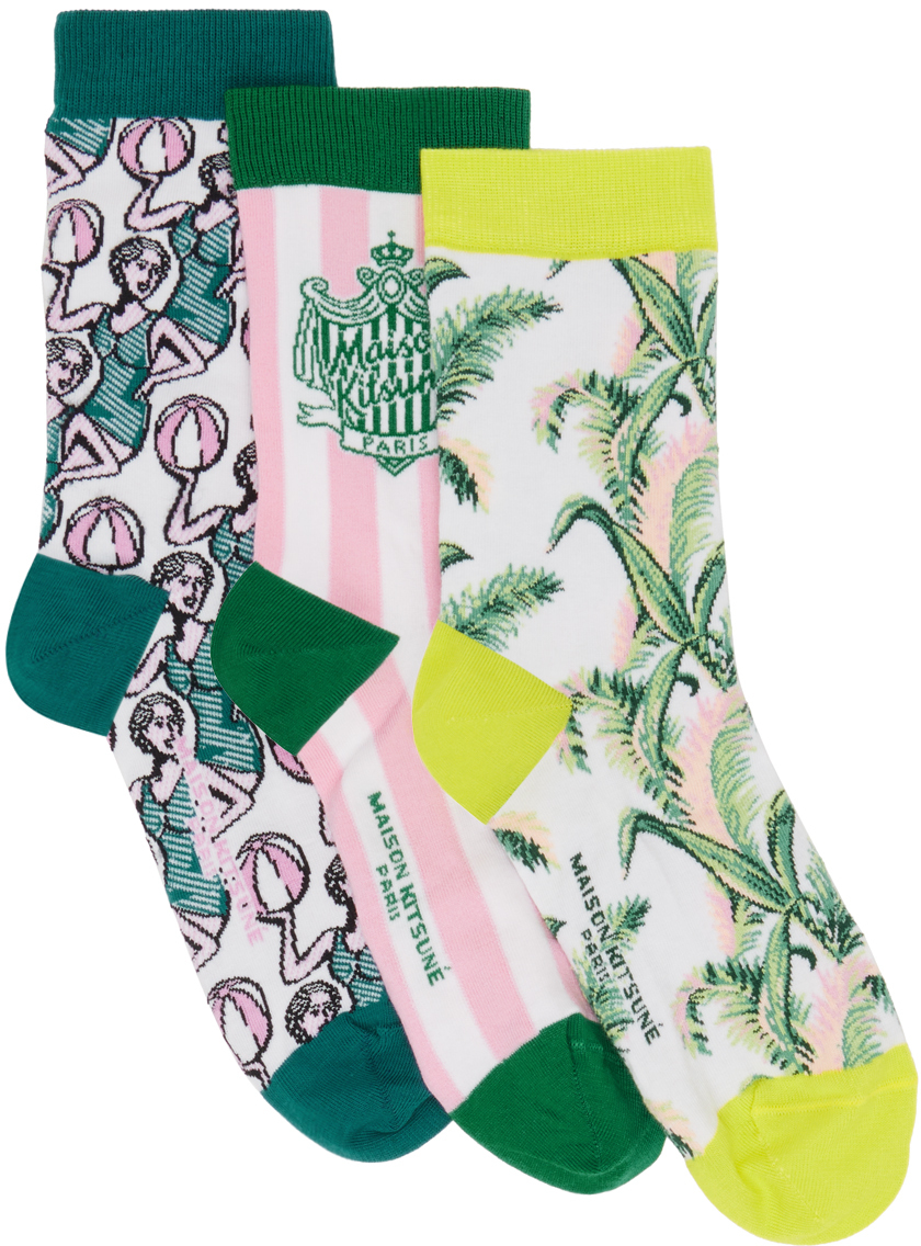 Maison Kitsuné Three-pack Multicolor Summer Print Ankle Socks In M100 Multico Design