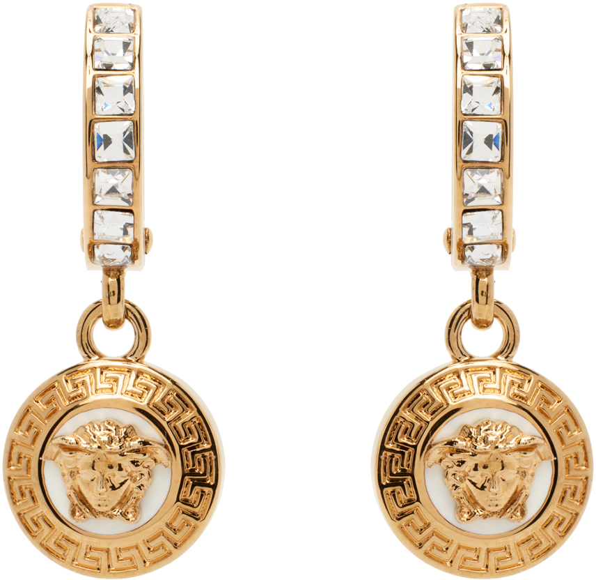 Shop Versace Gold Metal Strass Medusa Earrings In 4j040 Gold/white