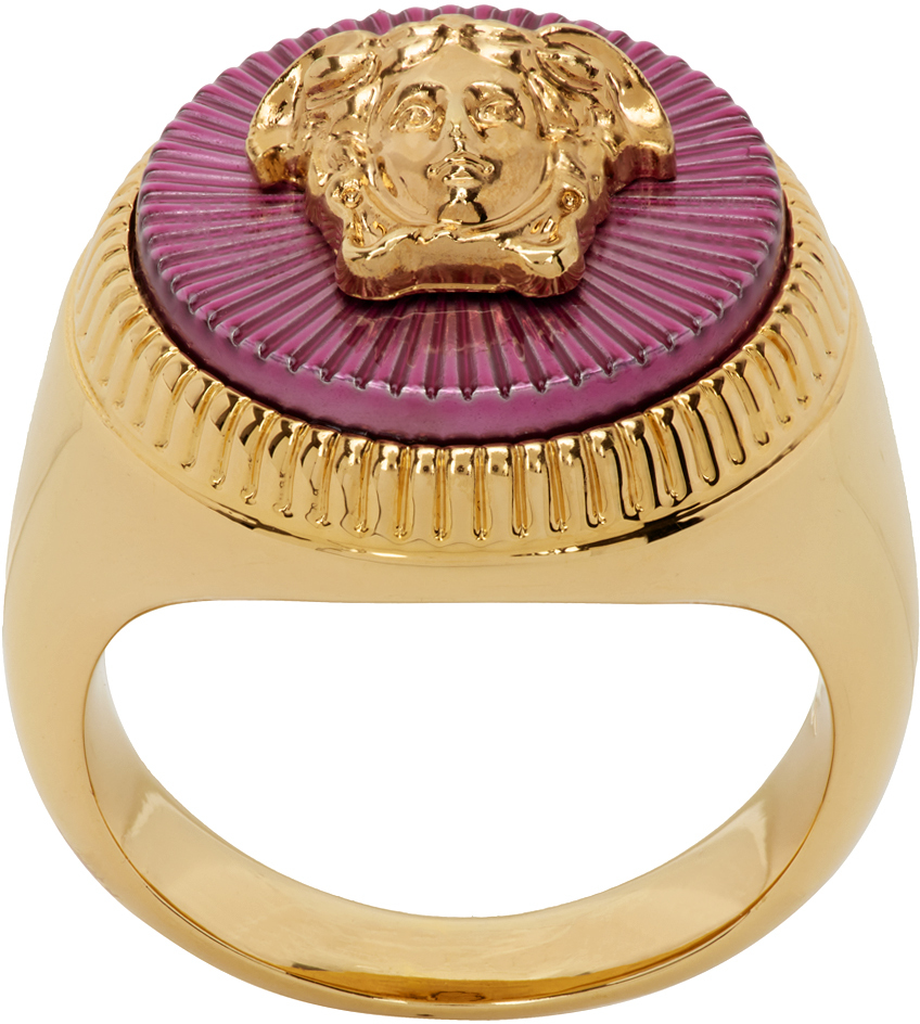 Versace Medusa Head Signet Ring In 4jjm0 Gold/flamingo