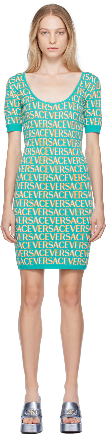 Shop Versace Blue Allover Minidress In 5v540/turquoise