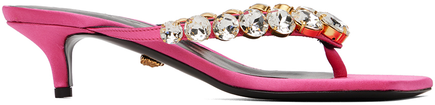 Versace Pink Crystal Heeled Sandals In 1po2v Flamingo/ Gold