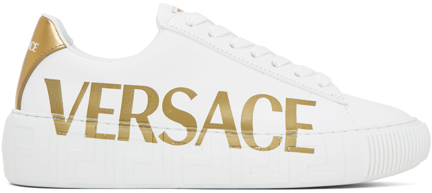 White & Gold Logo 'La Greca' Sneakers