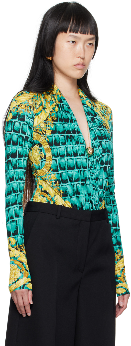 Versace Baroccodile-print Draped Bodysuit In 5x340-glacier Green+