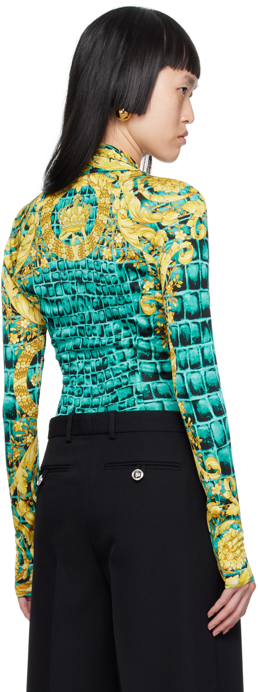 Versace Baroccodile-print Draped Bodysuit In 5x340-glacier Green+
