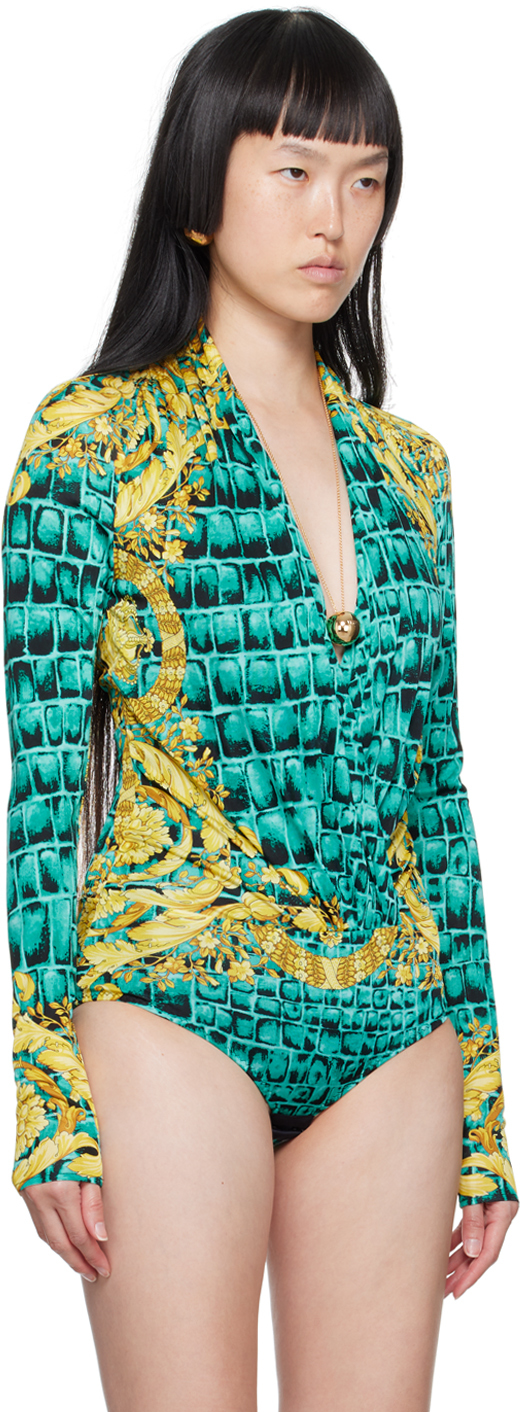Versace Baroccodile-print Draped Bodysuit In 5x340-glacier Green+