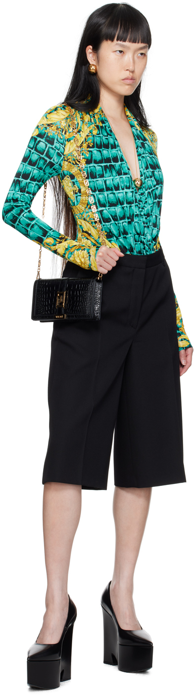 Versace Baroccodile-print Draped Bodysuit In 5x340-glacier Green+
