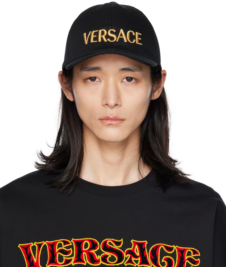 Versace Black Embroidered Cap In 2b150-black+gold