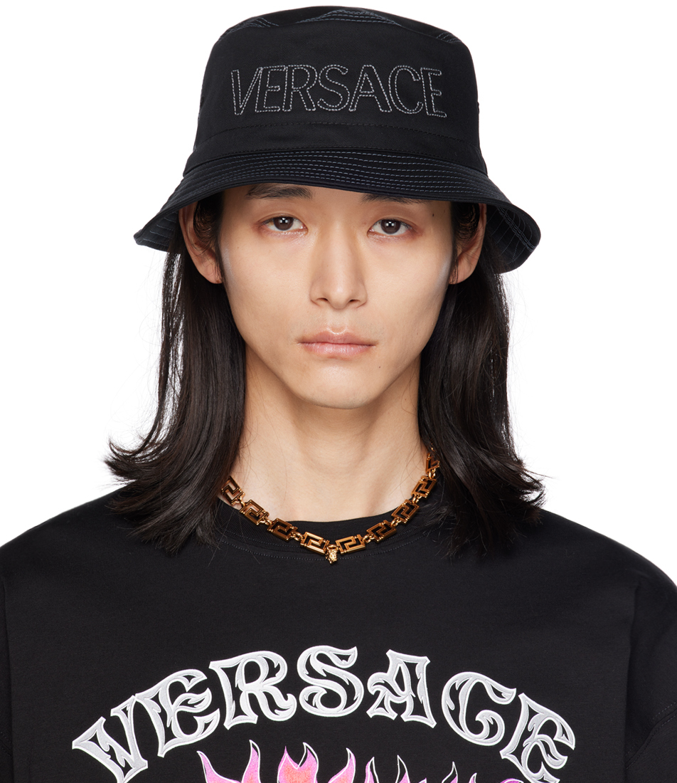 Shop Versace Black Embroidered Bucket Hat In 2b050-black-grey