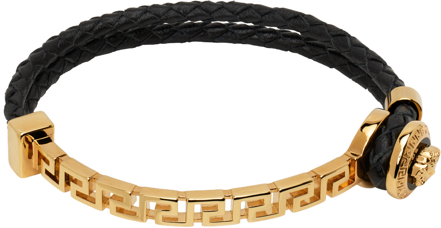Shop Versace Black Greca Bracelet In 4j120- Gold-b