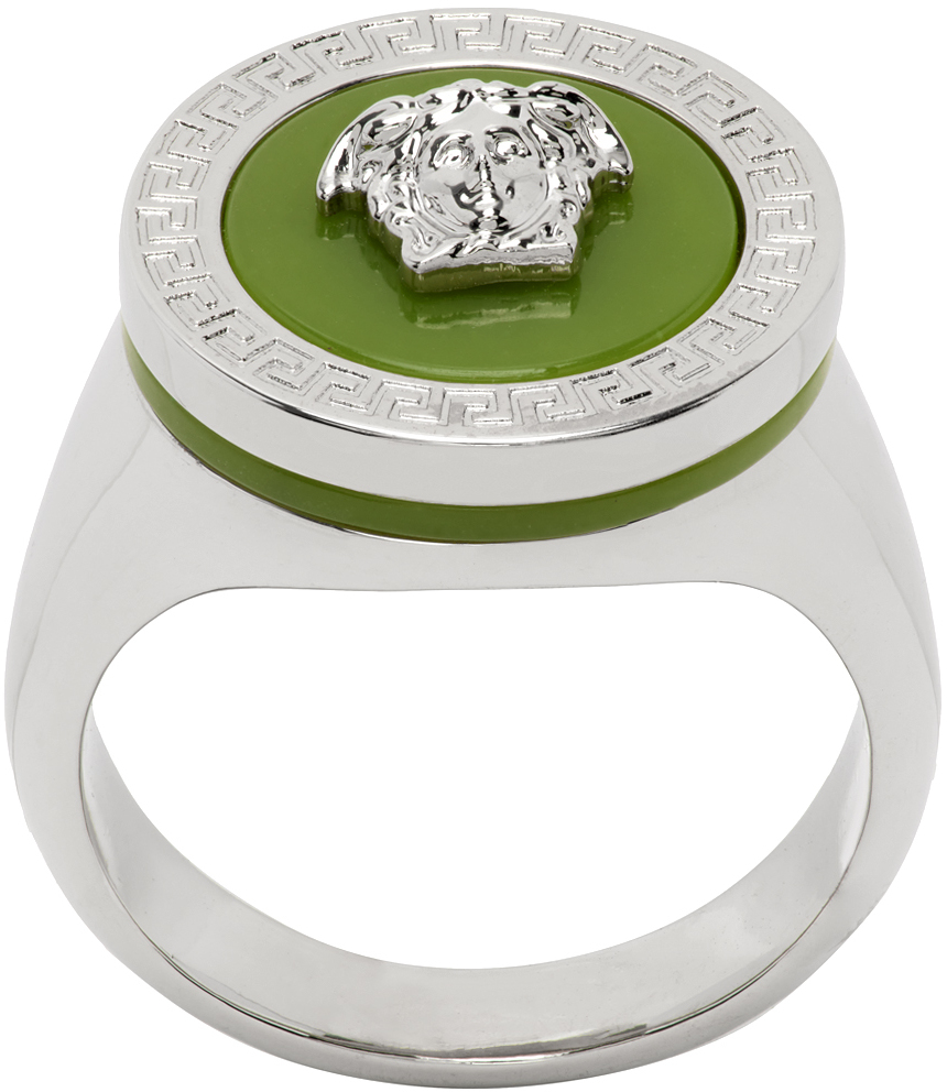 Versace Silver & Green Medusa Ring In 4jie0-palladium-khak