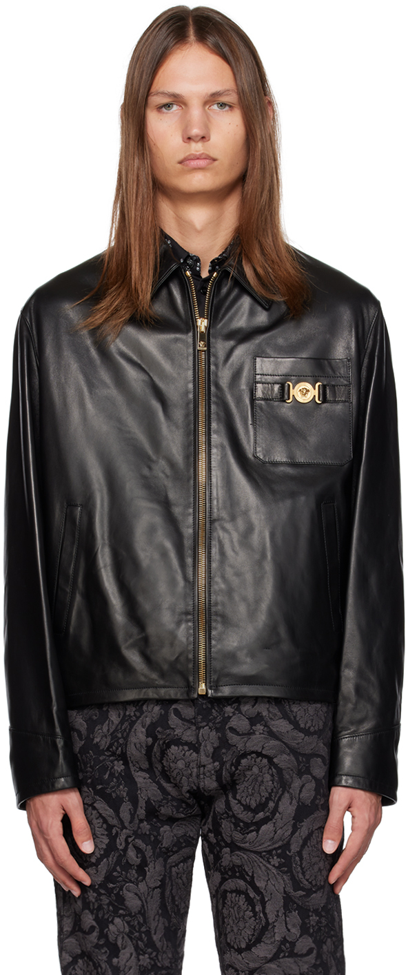 Shop Versace Black Zip Leather Jacket In 1b000-black