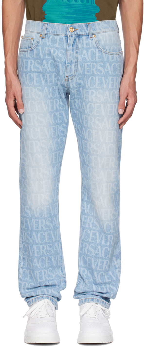 Shop Versace Blue Allover Jeans In 1d380-light Blue