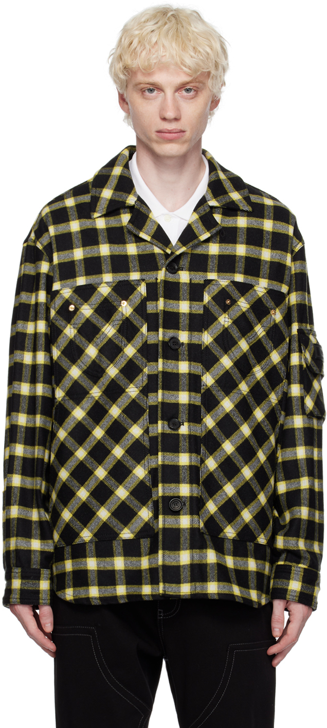 Versace: Black & Yellow Check Shirt | SSENSE Canada