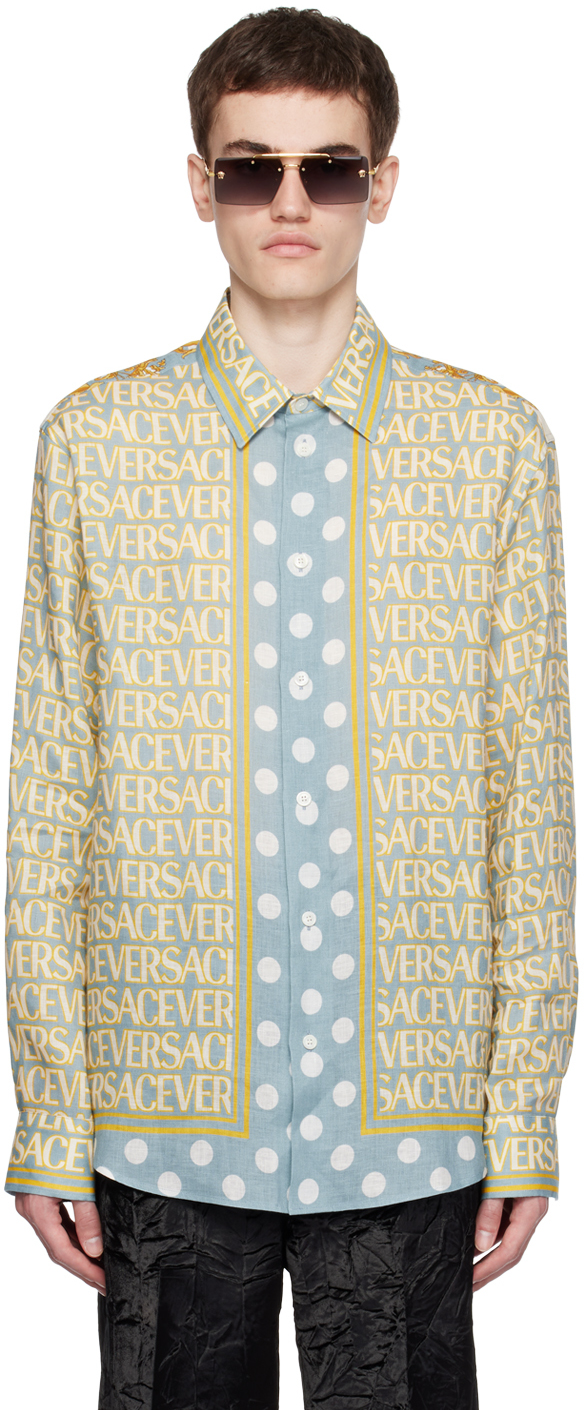 Shop Versace Blue Allover Shirt In 5v510-light Blue+ivo