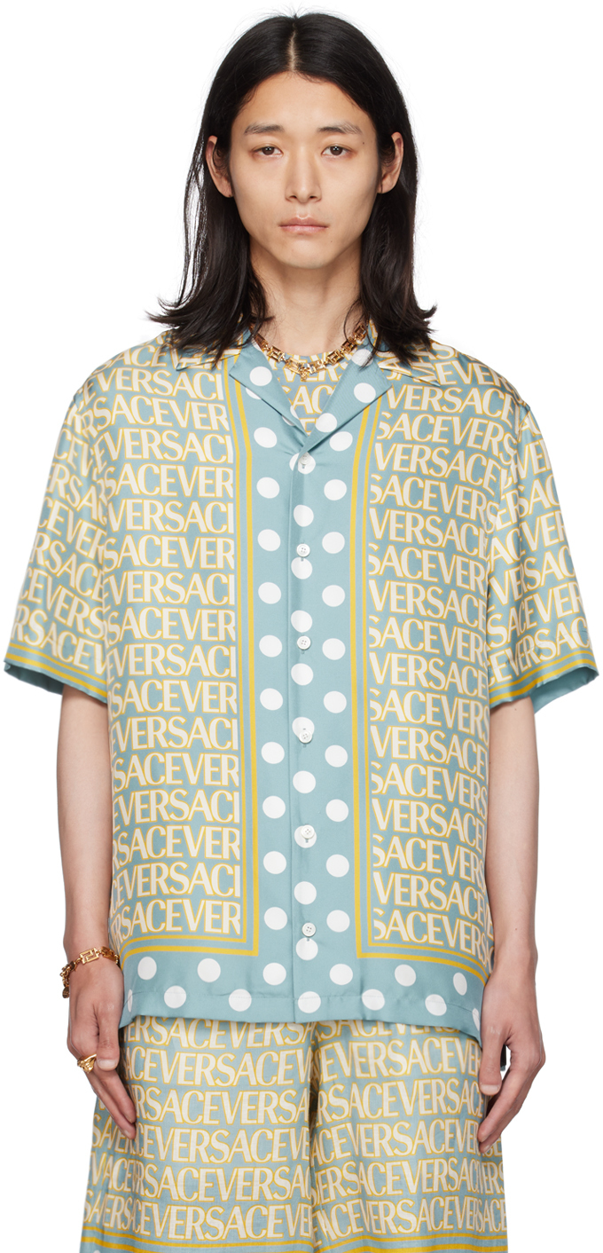 Shop Versace Blue & Yellow Allover Shirt In 5v510-light Blue+ivo