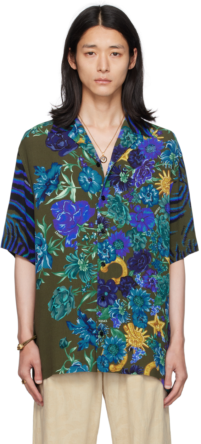 Versace Khaki & Blue Graphic Shirt In 5k150-khaki+multicol