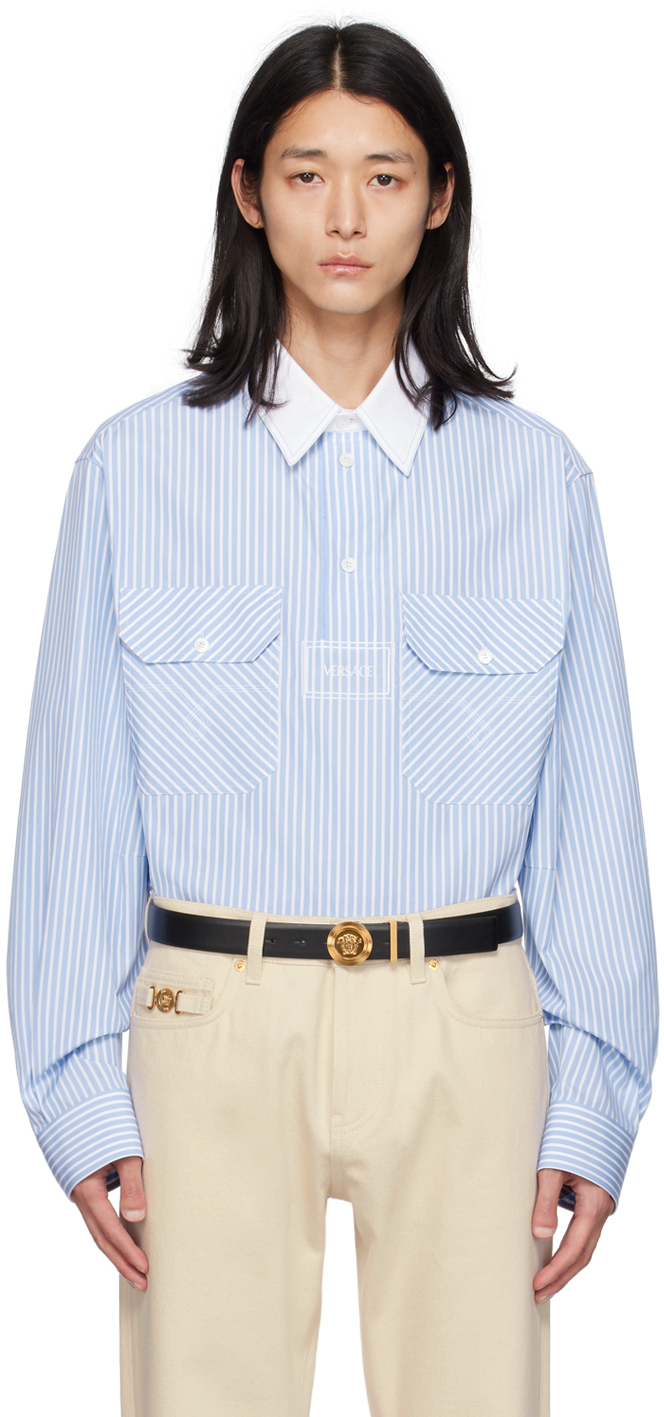 Versace Logo-print Pinstripe Cotton Shirt In Blue