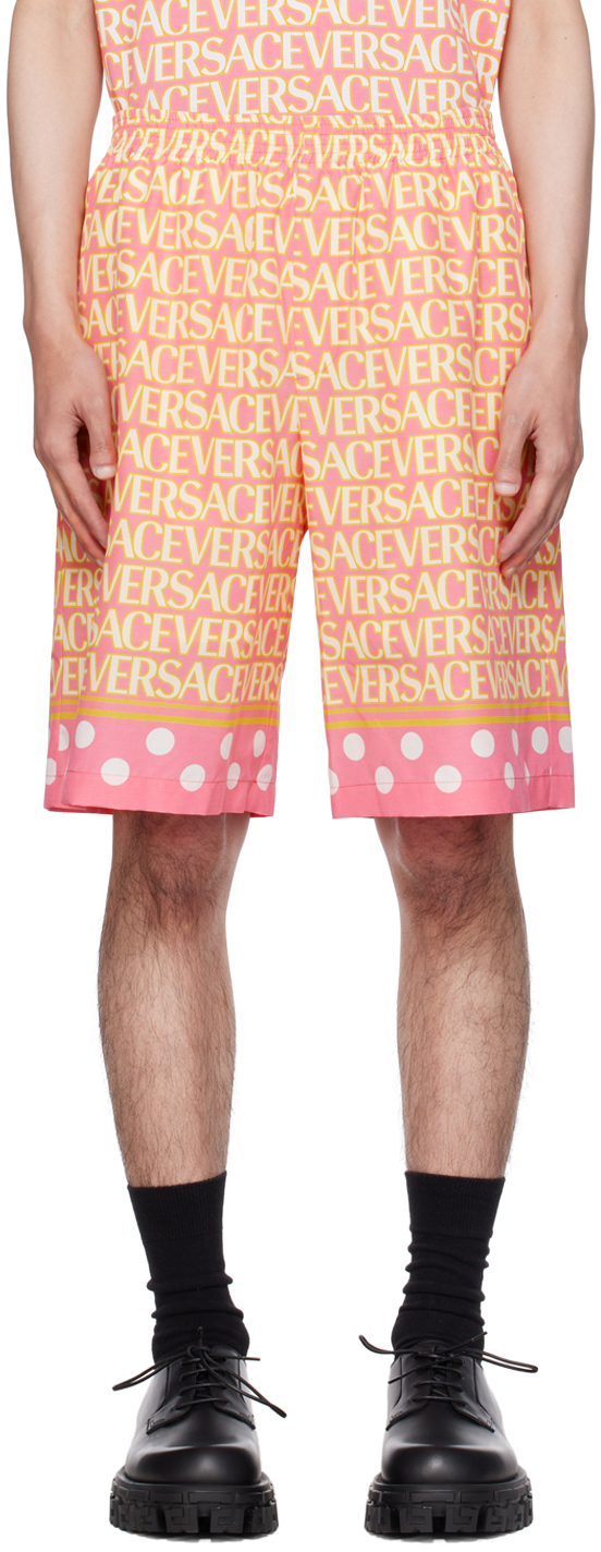 Versace Pink & Yellow Allover Shorts In 5p830-pink+ivory