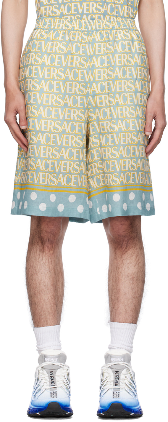 Versace Stylish All-over Print Linen Shorts In Cheerful Shades Of Blue And Yellow In Gray