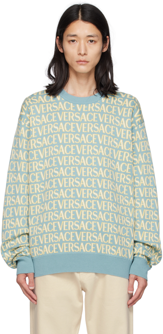 Shop Versace Blue & Yellow Allover Sweater In 5v510-light Blue+ivo