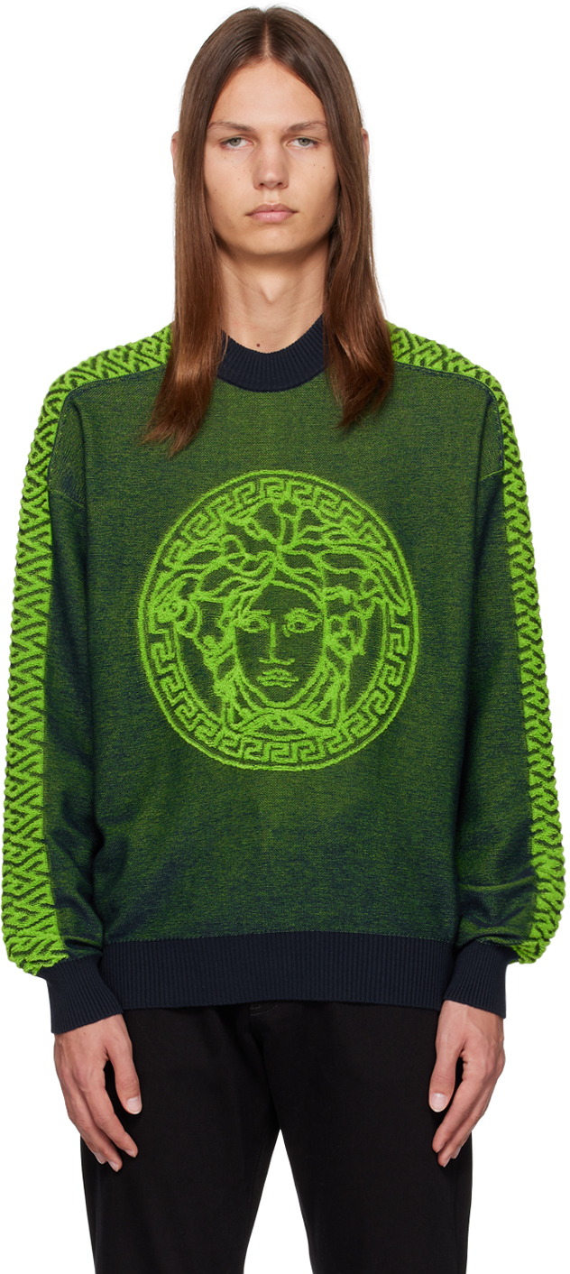 Versace Green & Navy La Greca Medusa Sweater In 1uf80-navy