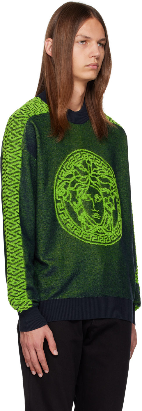 Versace Green & Navy La Greca Medusa Sweater In 1uf80-navy