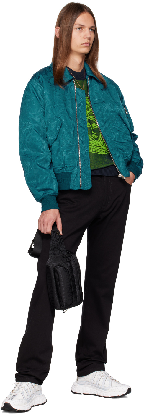 Versace Green & Navy La Greca Medusa Sweater In 1uf80-navy