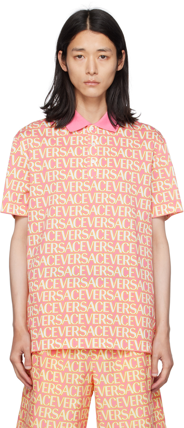 Shop Versace Pink & Yellow Allover Polo In Pink + Ivory