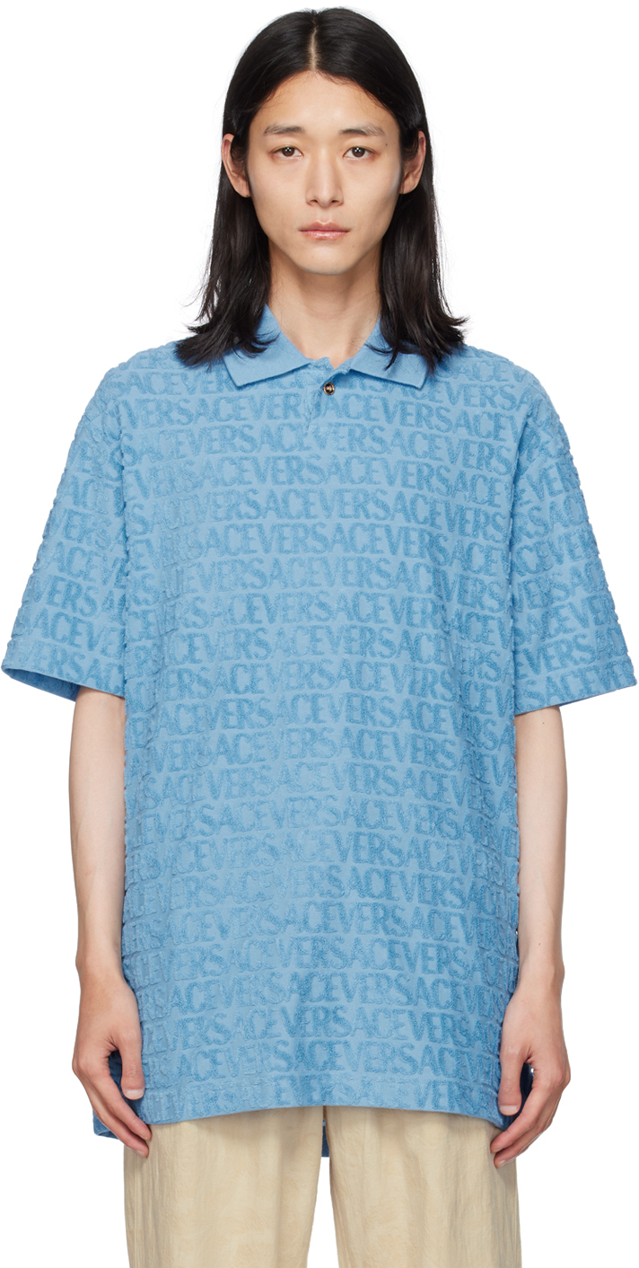 Versace Blue Allover Polo In 1va90-summer Sky Blu