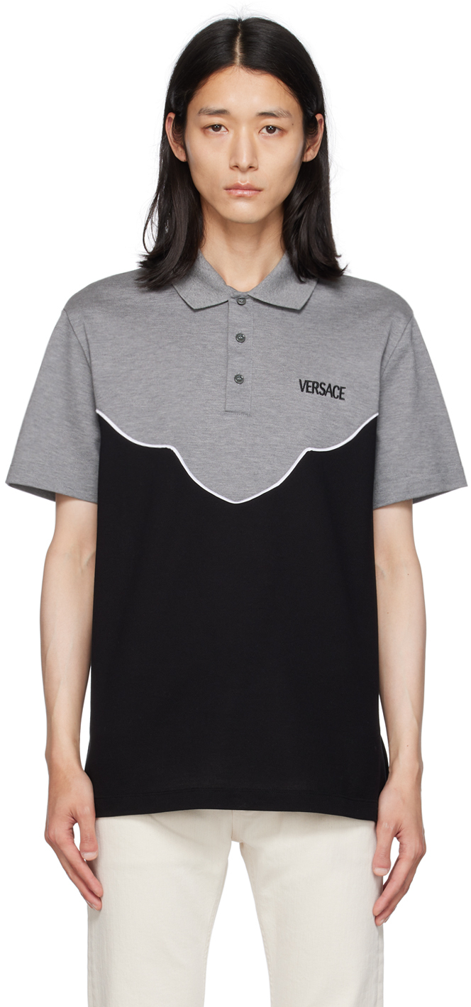 Versace Bicolor Polo With Embroidered Logo In Black And Grey Cotton Man